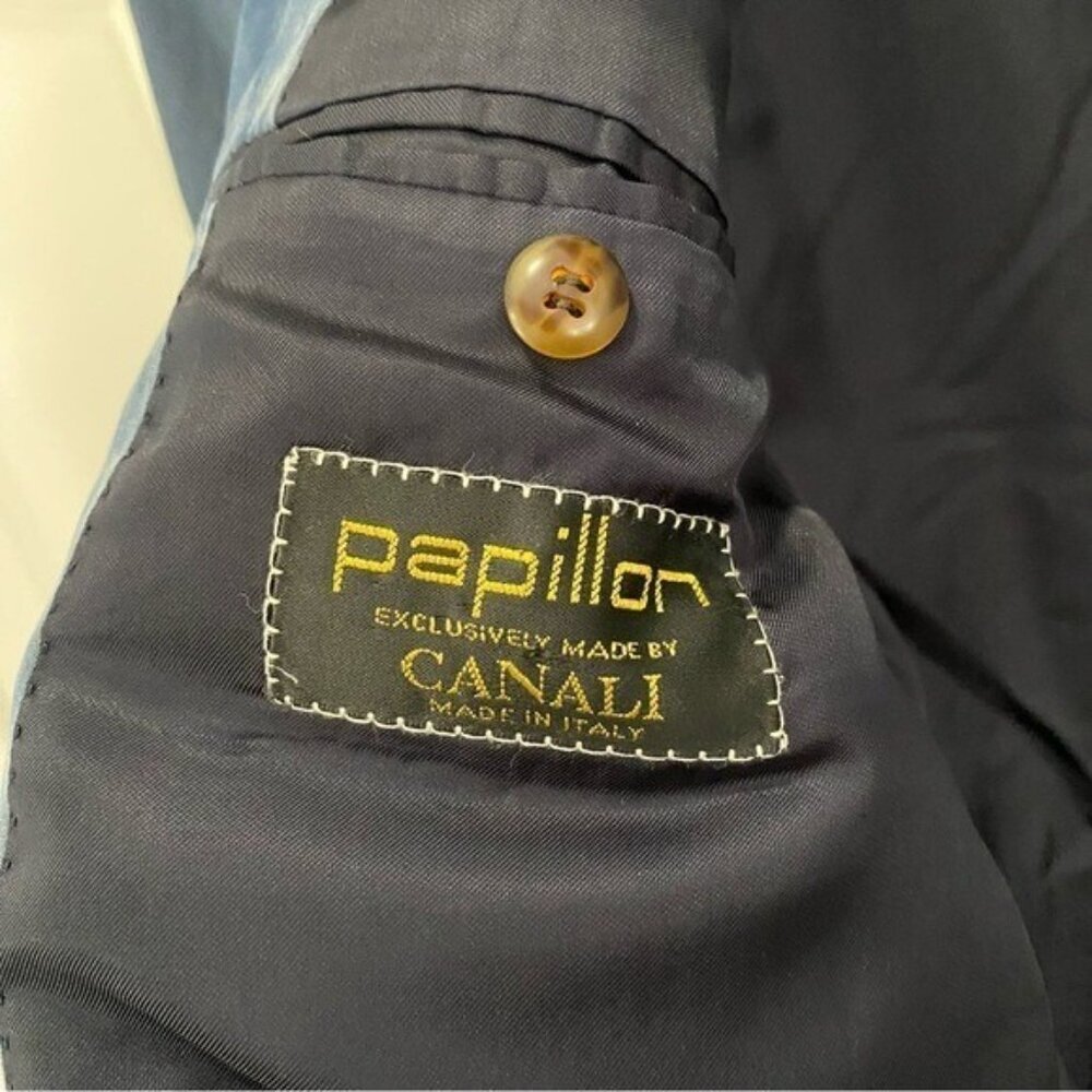 Canali Navy Blue Suit Blazer Jacket Shoulder Pads Size 48R Vintage-Made In Italy - Picture 3 of 14